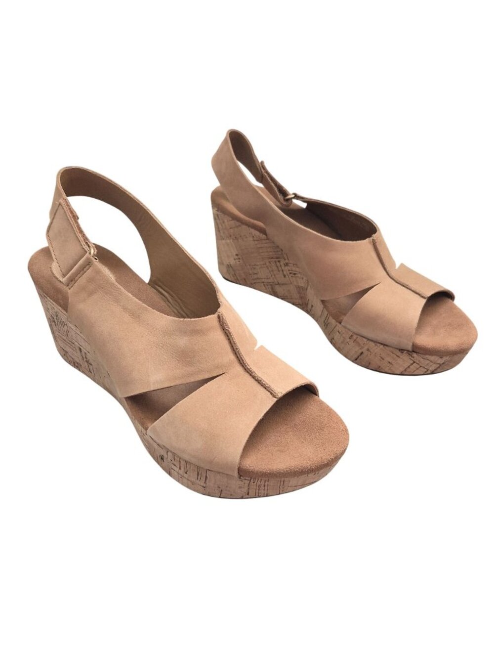 Clarks Rosamund Suede Cork Wedge Sandals Tan Brown Slingback Womens 9 Boho